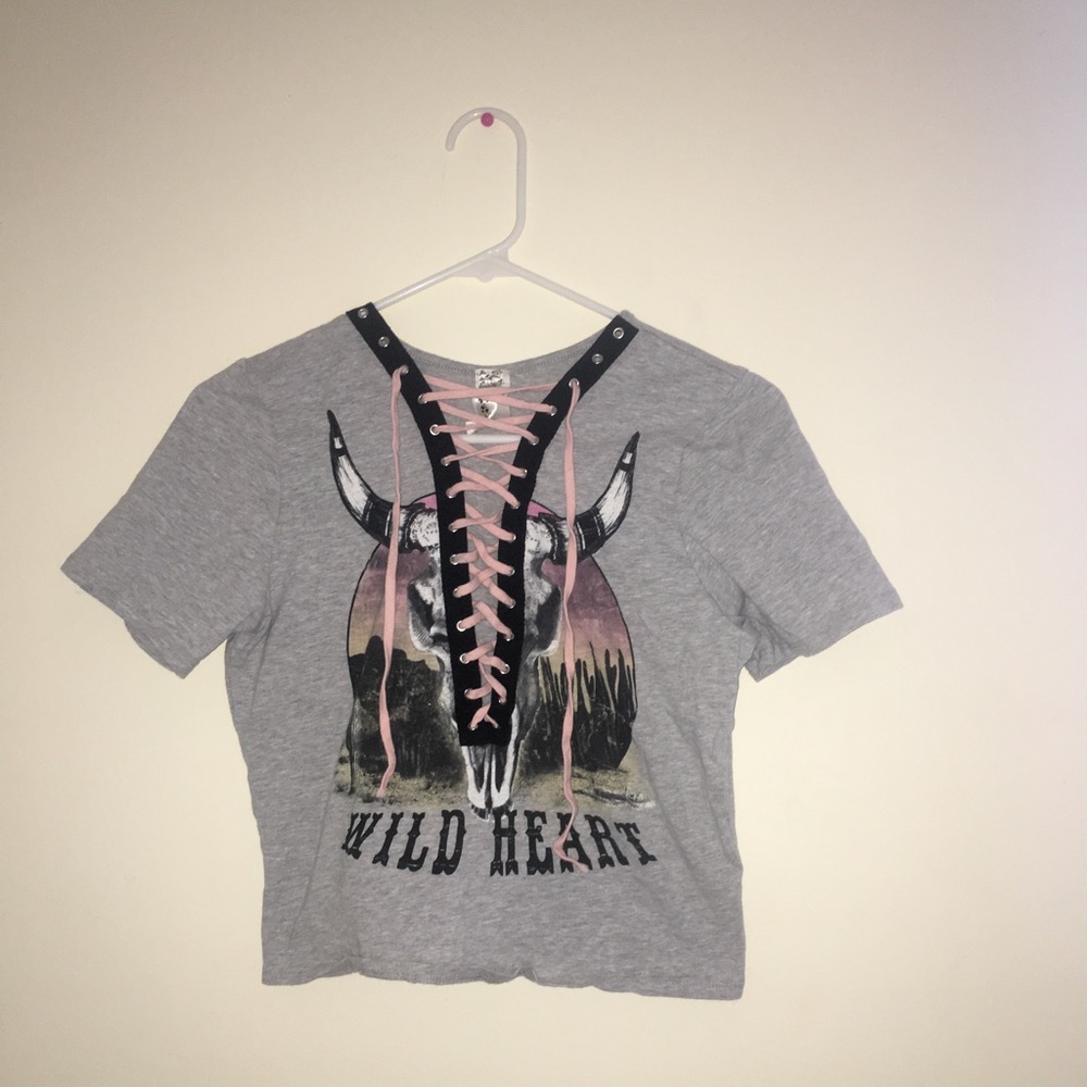 Slightly Cropped Grey Lace Up Top